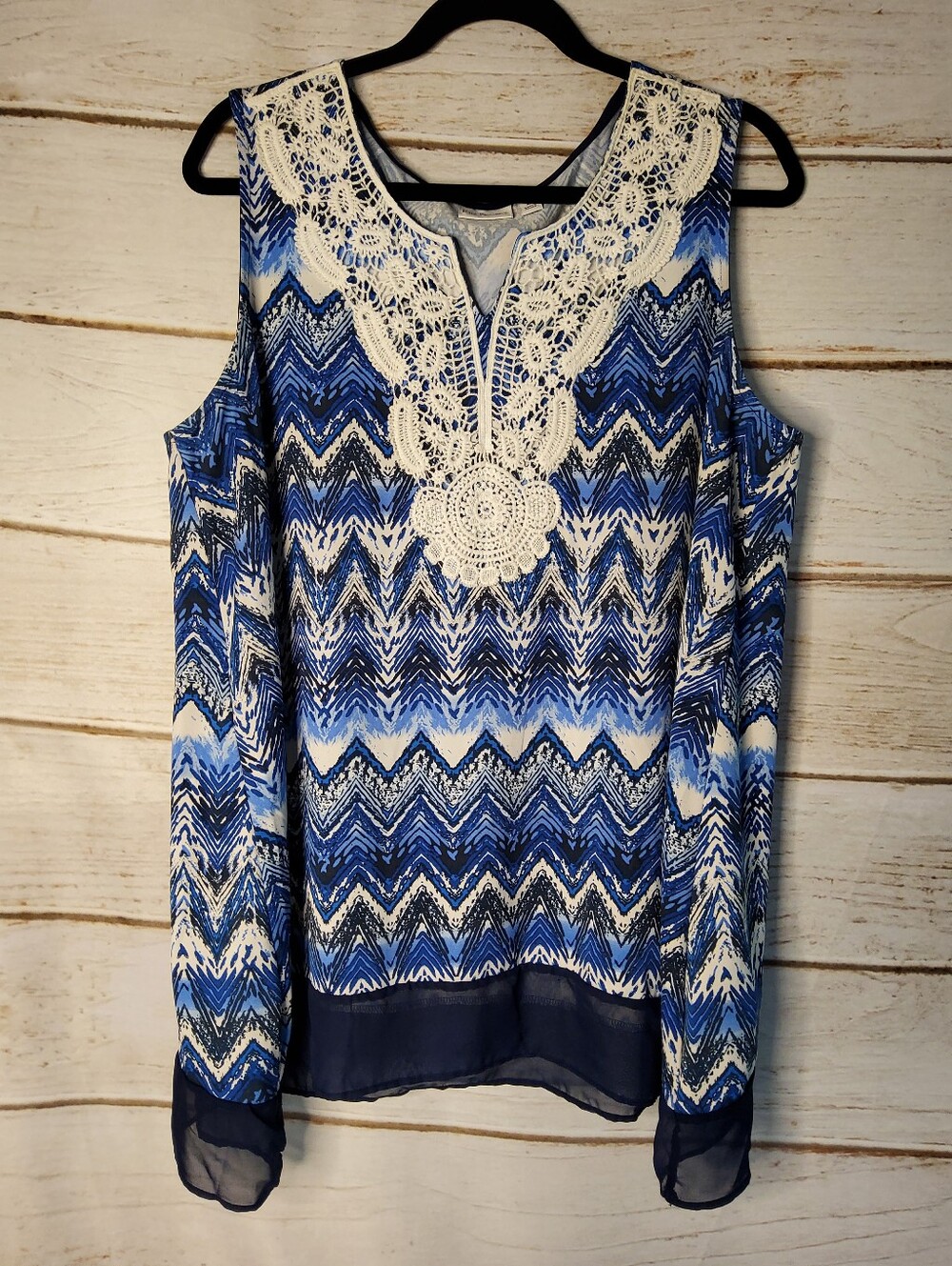 Kim Rogers Blue Chevron Lace-Yoke Cold-Shoulder Tunic